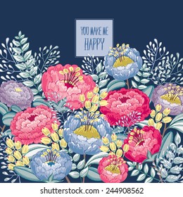 Vector illustration of a beautiful flowering garden with spring flowers.  Indigo background