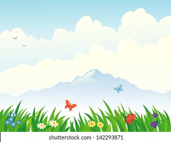 Vector illustration of beautiful flowers and grass at the mountains