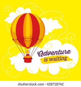 Vector illustration of beautiful fly big red air balloon in the evening sky, text adventure is waiting on yellow background with clouds. Flat style art design to make greeting card, poster, invitation