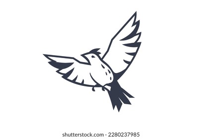 Vector illustration of beautiful flying bird on white color background. Black and white line art style design of bird with wing for web, banner, print, textile, greeting card