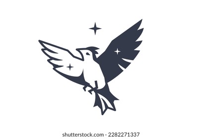 Vector illustration of beautiful flying bird on white color background with star. Black and white line art style design of bird with wing for web, banner, print, textile, greeting card