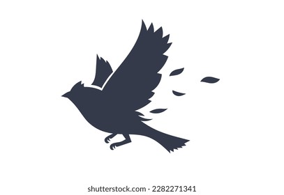 Vector illustration of beautiful flying black bird with wing and feather on white color background. Black and white flat style design of bird for web, banner, print, textile, greeting card