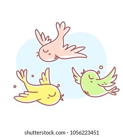 Vector illustration of beautiful flying retro color birds in the sky. Flat line art style bird for print, web, site, gift card, romantic banner, greeting card