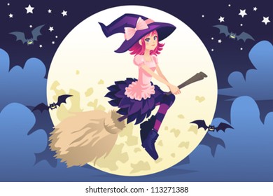 A vector illustration of beautiful flying witch