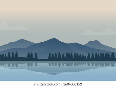 Vector illustration of beautiful foggy lake and mountain landscape. Minimalist mountain background vector 