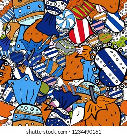 Vector illustration. Beautiful food design elements, perfect for prints and patterns. Seamless pattern with hand drawn delicious cupcakes on black, orange and blue.