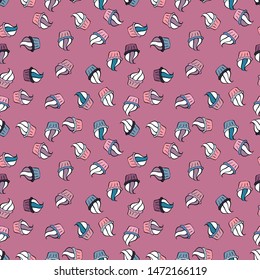 Vector illustration. Beautiful food design elements, perfect for prints and patterns. Seamless pattern with hand drawn delicious cupcakes on pink, white and black.