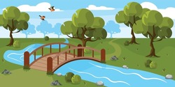 Vector Illustration Of A Beautiful Forest Bridge. Cartoon Forest Landscape With Stream, Bridge, Trees, Stones, Birds.