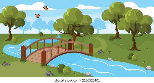 Vector illustration beautiful forest bridge  Cartoon forest landscape and stream  bridge  trees  stones  birds 