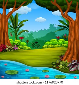 vector illustration of the beautiful forest with the lake and lotus