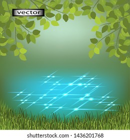 vector illustration of a beautiful forest lake landscape nature in mysterious lighting through the leaves of trees