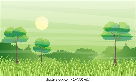 Vector illustration, beautiful of a forest landscape with leaves and foliage of tropical plants, trees, grass and tranquil mountains