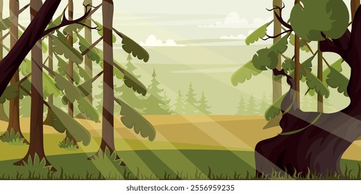 Vector illustration of a beautiful forest landscape. Cartoon scene of sunny day landscape, forest clearing with sun rays, trees with branches, wide trunk, fir trees, pine trees, grass, plants, sky.