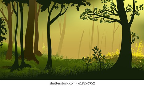 Vector illustration of a beautiful forest landscape. Nature background. Tree silhouettes, grass, land, mist, soft light. Trunks, branches, leaves.