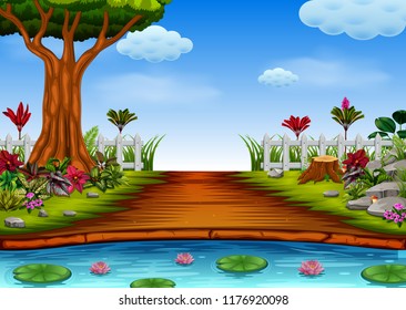 vector illustration of the beautiful forest view with the lake