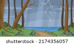 Vector illustration of a beautiful formidable forest. Cartoon forest landscape with storm,rain, lightning, sea, fallen trees.