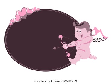Vector illustration of beautiful frame decorated with angel on the violet background. Cupid with arch and arrow.