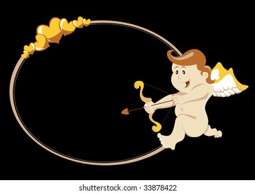 Vector illustration of beautiful frame decorated with angel on the black background. Cupid with arch and arrow.
