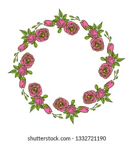 Vector illustration beautiful frame with pink rose flower and green leaves hand drawn