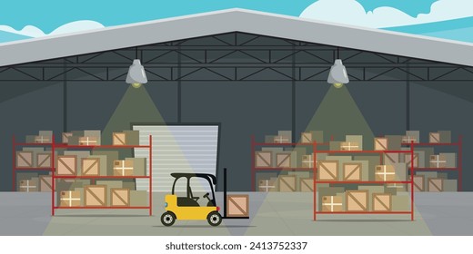 Vektorgrafik eines schönen Fassadengebäudes. Cartoon-Szene eines Lagers mit Straßenlampen mit Strömen von Licht, Regale mit Schachteln von Waren, ein Warenkorb.