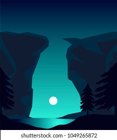 vector illustration of  beautiful full moon night over river between two rocks. nature landscape