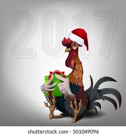 Vector illustration of beautiful funny rooster with gift box. Perfect for New Year and Christmas greeting card.