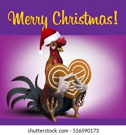 Vector illustration of beautiful funny Santa rooster with gingerbread heart cookie. Perfect for New Year and Christmas greeting card.