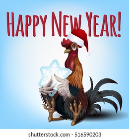 Vector illustration of beautiful funny Santa rooster with snowflake. Perfect for New Year and Christmas greeting card.