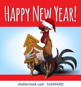 Vector illustration of beautiful funny Santa rooster with gingerbread cookie. Perfect for New Year and Christmas greeting card.