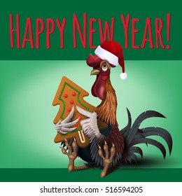 Vector illustration of beautiful funny Santa rooster with gingerbread cookie. Perfect for New Year and Christmas greeting card.