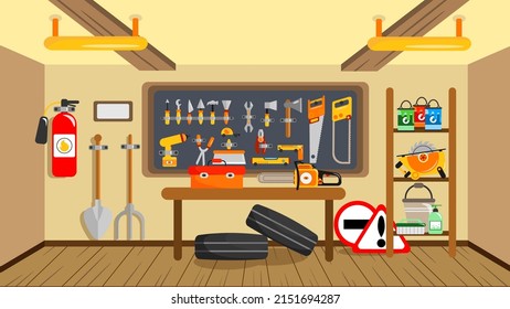 Vector illustration of a beautiful garage. Cartoon garage with tool board, fire extinguisher, electric saws, car tires and signs.