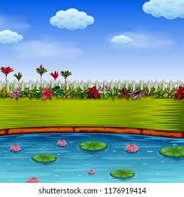 vector illustration of the beautiful garden with the blue lake