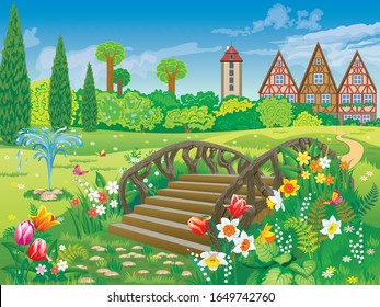 Vector illustration of a beautiful garden with a decorative wooden bridge and spring flowers