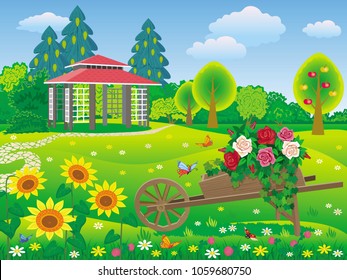 Vector illustration of a beautiful garden with gazebo and decorative garden wheelbarrow with roses
