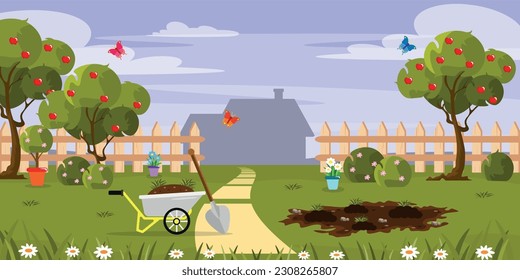 Vector illustration of a beautiful garden landscape. Cartoon scene of a summer landscape with a garden, a garden wheelbarrow, a shovel, beds with seedlings, apple trees, bushes, butterflies, a house.