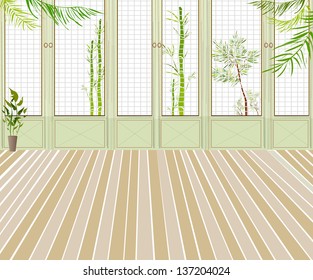 Vector illustration of a beautiful garden seen from indoors
