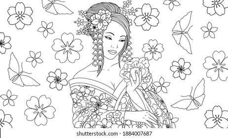 Vector illustration, beautiful geisha girl admires a flower, coloring book