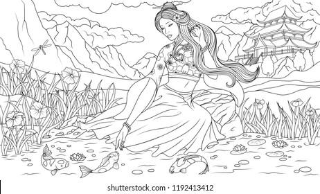 Vector illustration of a beautiful geisha sitting on the shore by the lake, feeding japan carp, coloring