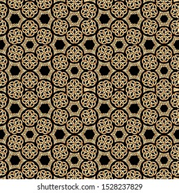 Vector Illustration of Beautiful Geometric Kaleidoscope  Abstract Seamless Pattern or Texture in Gold Color on Black Background for Interior / Exterior Works, Background, Backdrop, or Wallpaper.