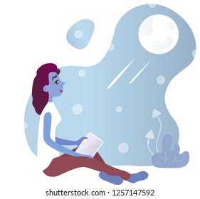 Vector illustration of Beautiful girl alien sitting and watching the moon. Blue background and mushrooms as a decoration.