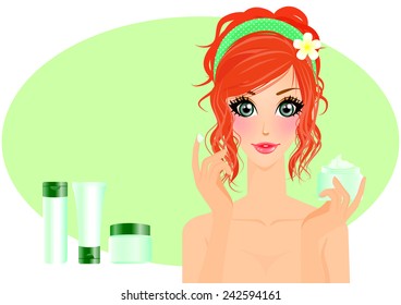 Vector illustration of Beautiful girl applying moisturizer cream on her face.Spa Woman Promotes cream ,facial care, skin care. relax bath. 