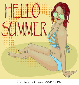 Vector illustration of a beautiful girl in a bathing suit. Hand drawn colorful background. Text "Hello Summer".