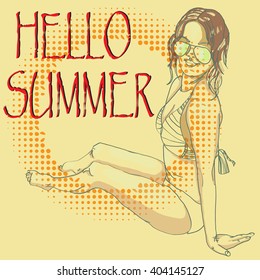 Vector illustration of a beautiful girl in a bathing suit. Hand drawn colorful background. Text "Hello Summer".