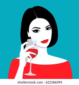 Vector illustration of the beautiful girl with black hair and red lips holding glass of red wine