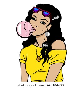 Vector illustration of a beautiful girl blowing bubble from chewing gum. Isolated white background. Teenager chewing bubble gum.