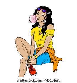 Vector illustration of a beautiful girl blowing bubble from chewing gum. Isolated white background. Drawing hand-drawn sketch teenager in shorts with glasses and sneakers with pink bubble gum.