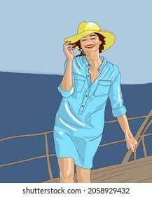 Vector Illustration of beautiful girl in a blue dress in a hat walks on the deck of a yacht. Fashion model at sea on yacht. Fashionable woman