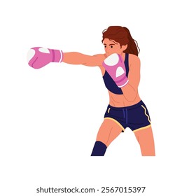 Vector illustration of a beautiful girl boxer.Cartoon scene of a girl dressed in a top and shorts, pink gloves, high knee socks, standing in a fighting stance, isolated on a white background.Champion.