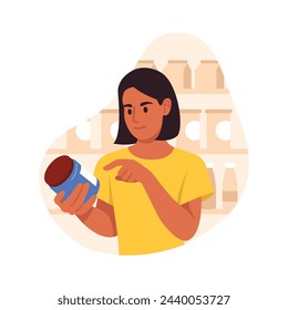 Vector illustration of a beautiful girl choosing a product in a store. Cartoon scene of shopper girl reading jar label, choosing product before purchase isolated on white background.