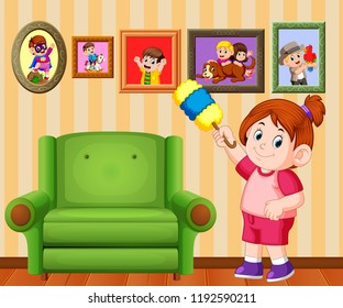 vector illustration of the beautiful girl clean the frame photo with the duster in her house